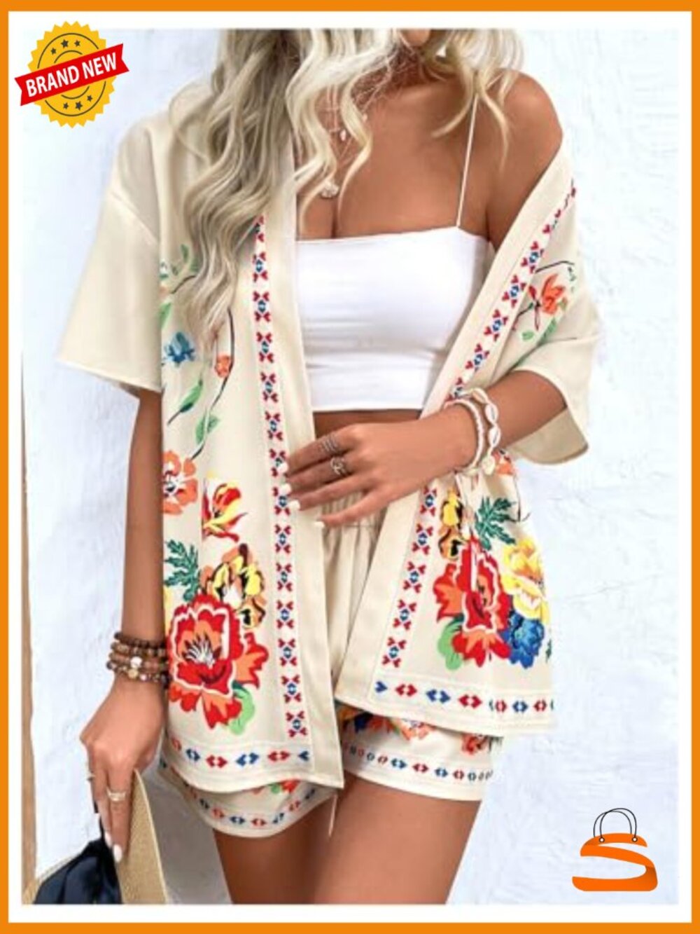Women's 2 Piece Outfit Set Short Sleeve Blouse and Shorts Beach Vacation Summer - Picture 3 of 5